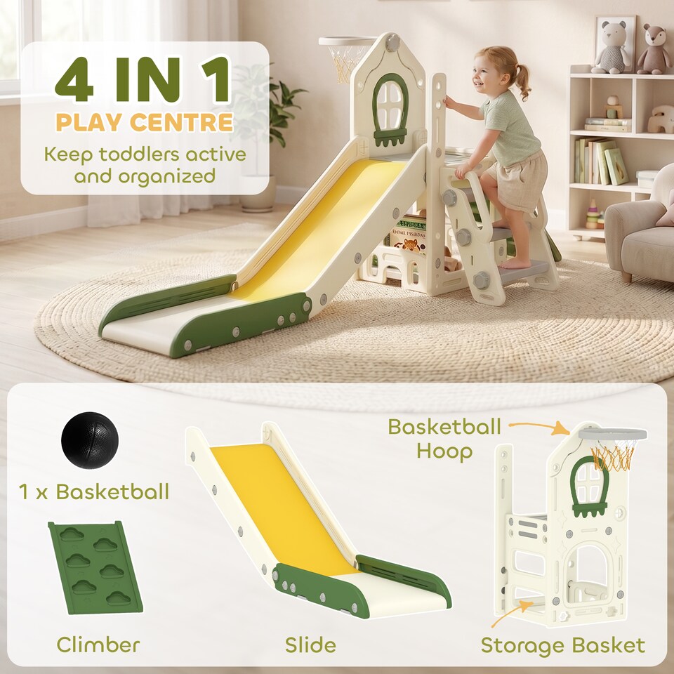 image 1 of AIYAPLAY Foldable 5 in 1 Kids Slide with Climber and Basketball Hoop, Cream