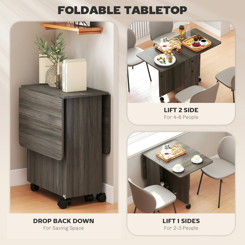 image 1 of HOMCOM Folding Dining Table, Drop Leaf Table With Storage Drawers Grey