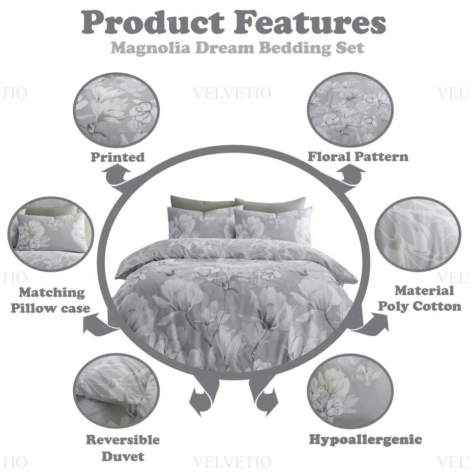 image 1 of VELVETIO Magnolia Dream Printed Duvet Cover Set Reversible Polycotton Easy Care Beddings Grey | Single