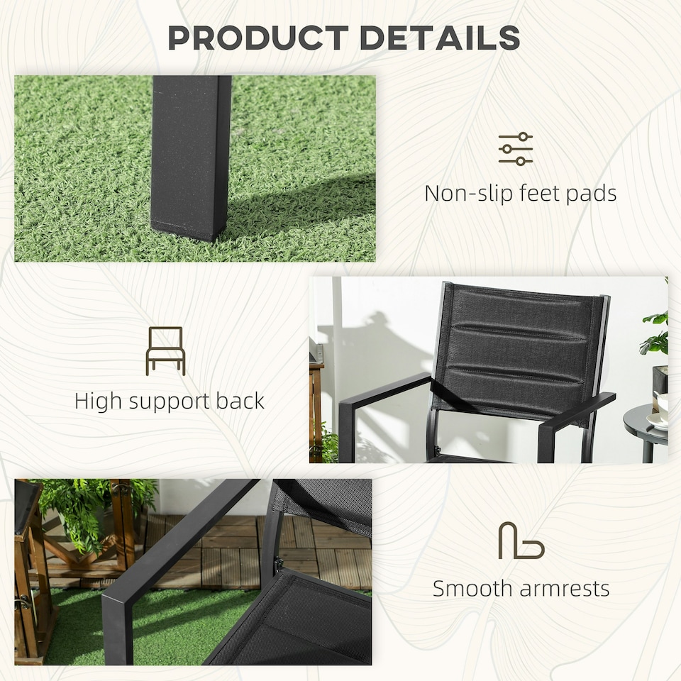image 1 of Outsunny 2 PCs Dining Chairs, Stackable Design Aluminium Outdoor Armchairs Black