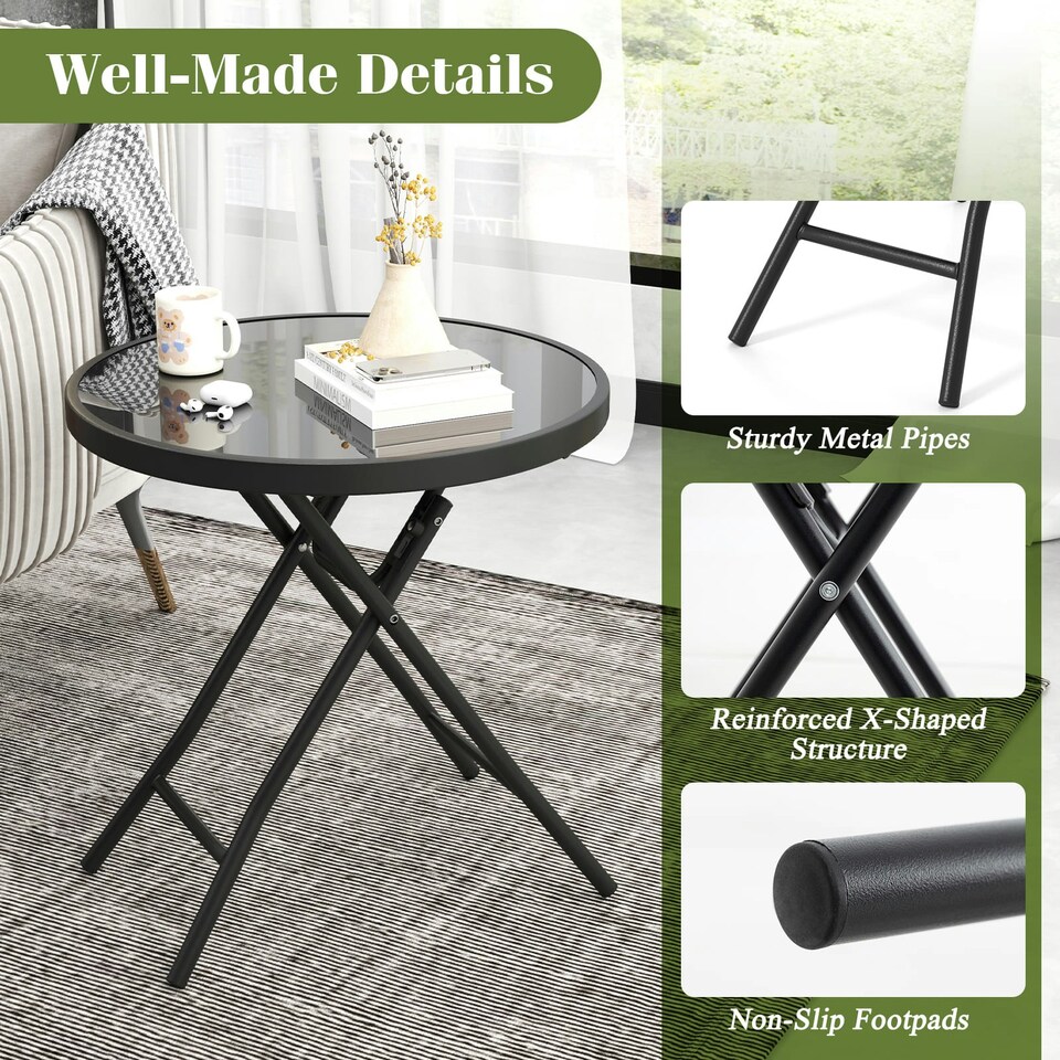image 1 of COSTWAY Folding Glass Table Portable Patio Coffee Table Black