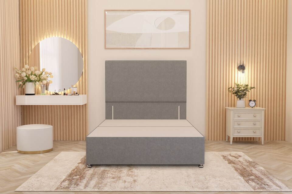 image 1 of Divan Bed Base with Plain Floor Standing Headboard Linen Fabric | Grey | Sage