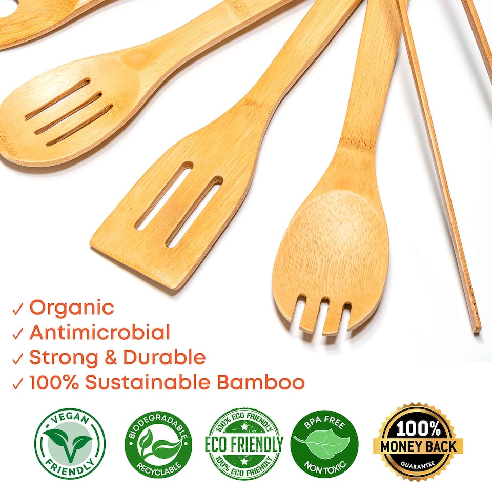 image 1 of BlauKe Wooden Kitchen Utensils Set of 7 - Bamboo Cooking Utensils for Non-Stick Cookware - Wooden Spatulas, Wooden Spoons, Tongs