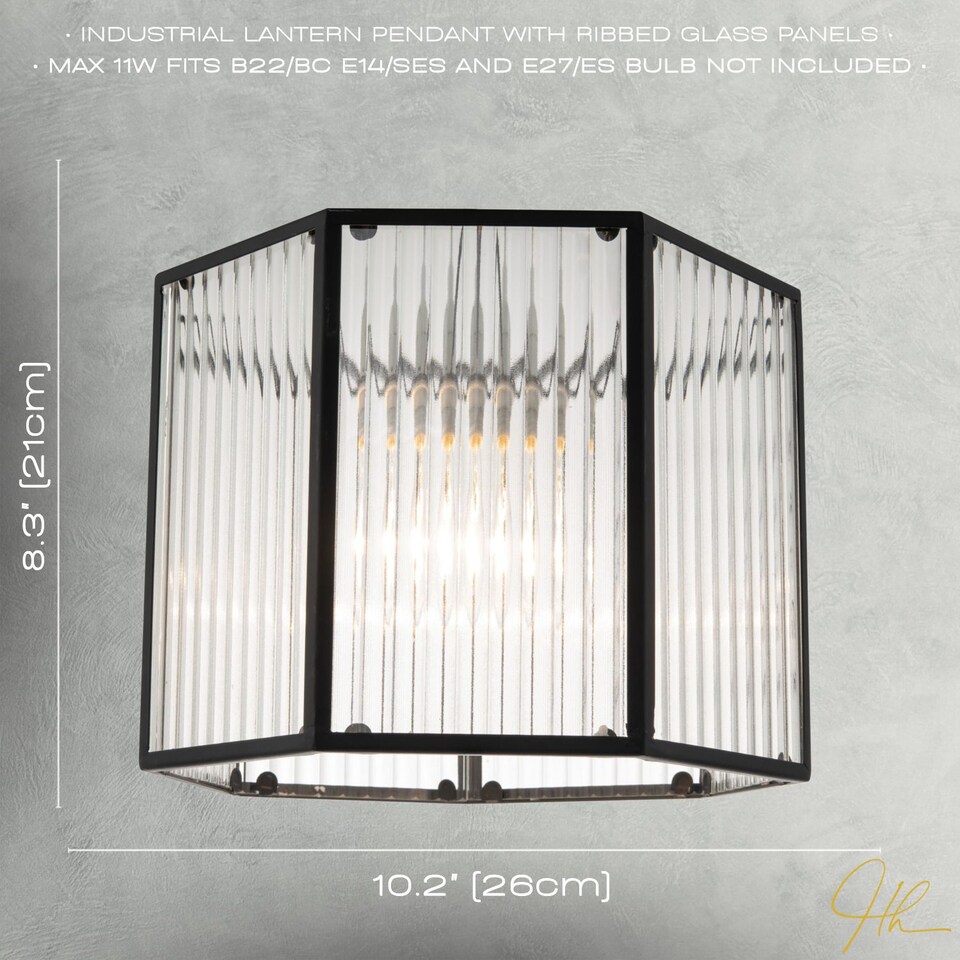 image 1 of Vintage Industrial Lantern Pendant Shade in Black with Ribbed Glass | Black