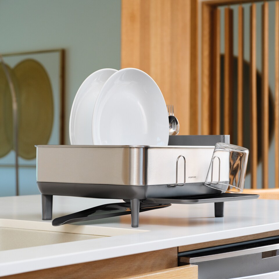 image 1 of Simplehuman Compact Steel Frame Dish Rack Dish Drainer, Brushed Stainless Steel
