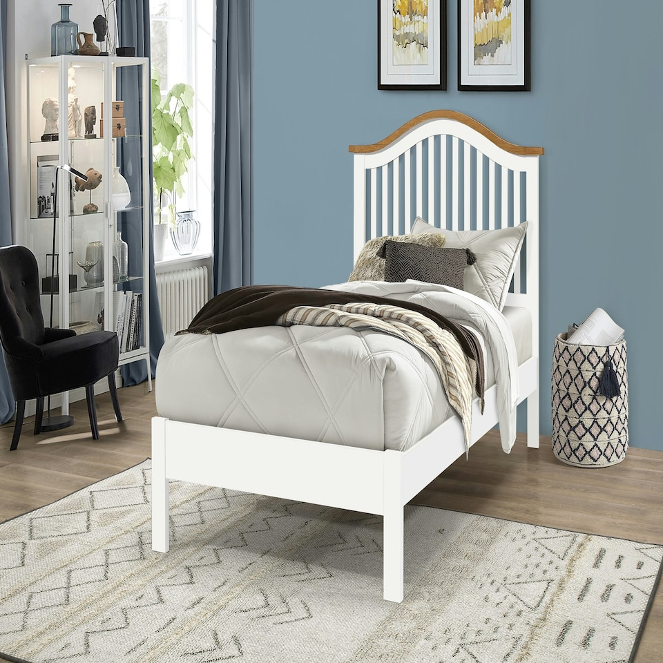 image 1 of 3ft Single White & oak finish chunky, strong solid wood wooden bed frame.Curved headboard head end, low foot end board