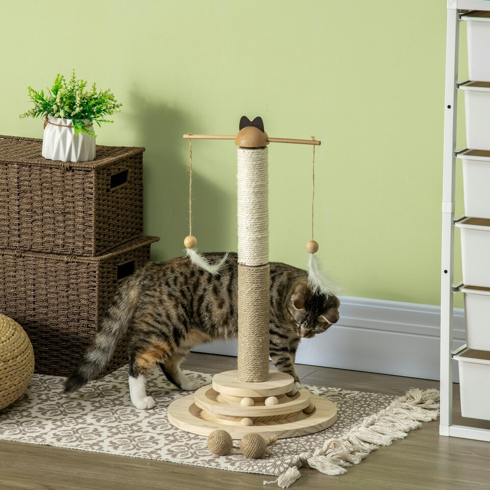 image 1 of PawHut Cat Tree Scratching Post with Interactive Toy Ball Jute Sisal Wood