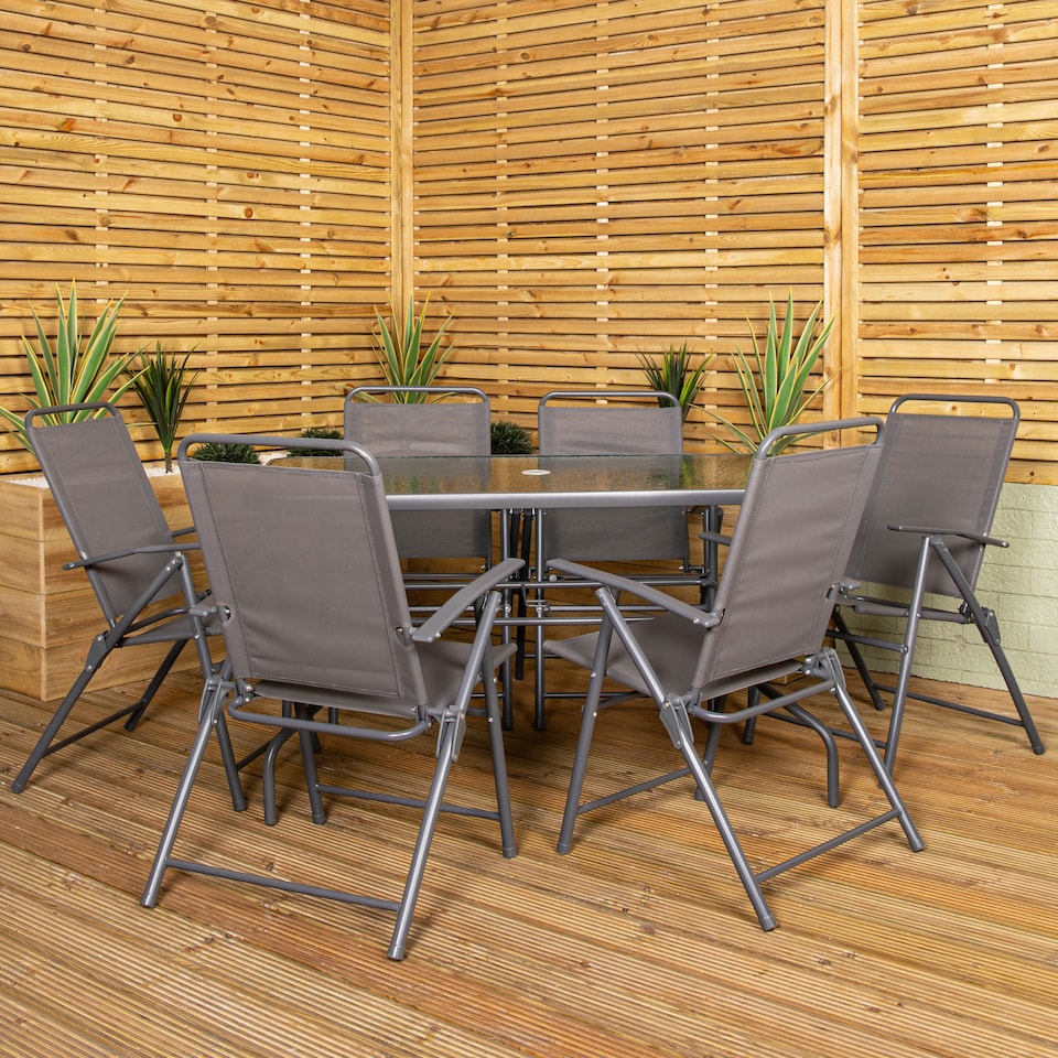 image 1 of Samuel Alexander Outdoor 6 Seater Glass Top Table and Chairs Patio Set with Parasol in Grey