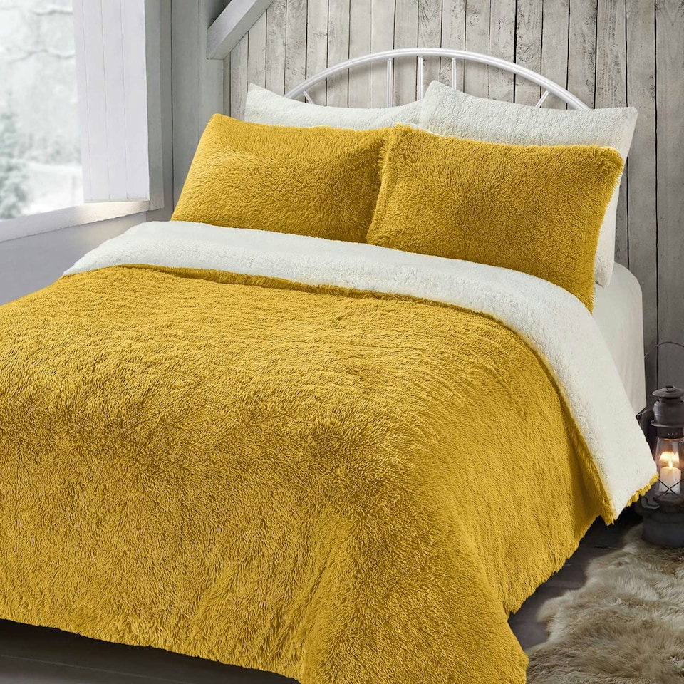 image 1 of Velosso Alaska Shaggy Faux Fur Fluffy and Warm Fleece Duvet Cover Set Yellow | Ochre | Super King