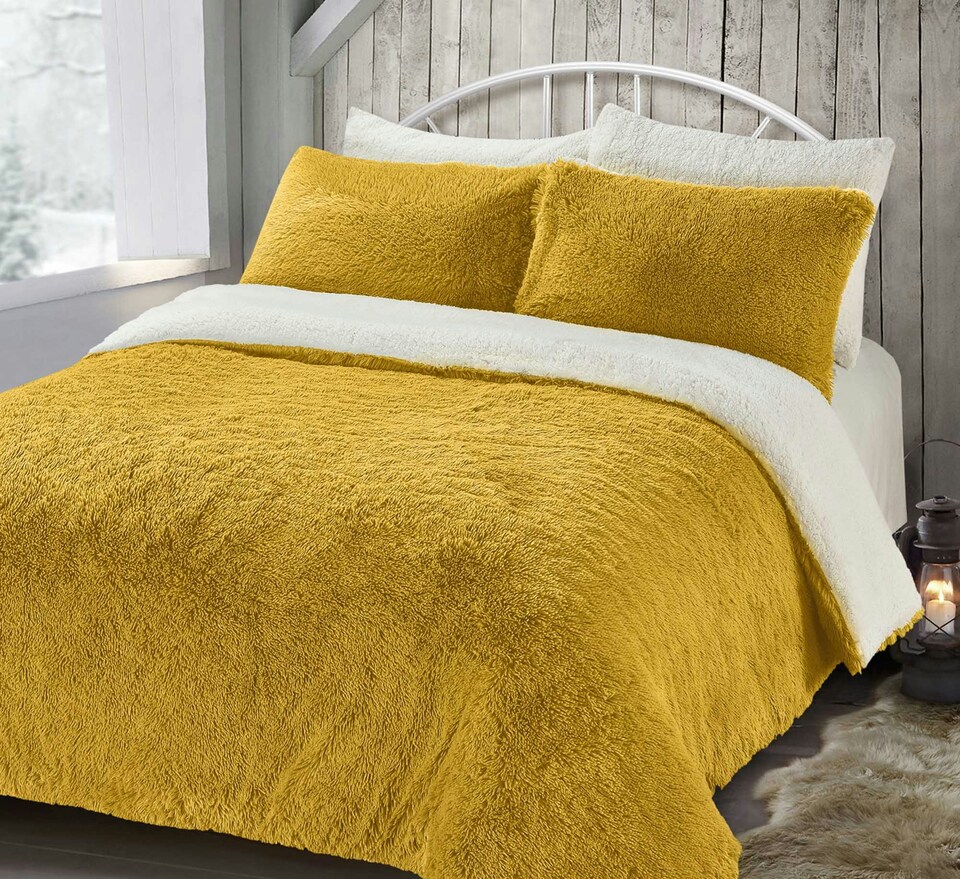 image 1 of Velosso Alaska Shaggy Faux Fur Fluffy and Warm Fleece Duvet Cover Set | Yellow | Ochre | Super King