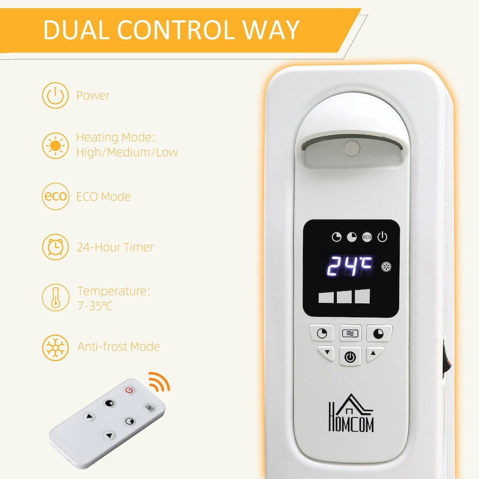 image 1 of HOMCOM 2500W Oil Filled Portable Radiator Heater w/ Remote Control - Black