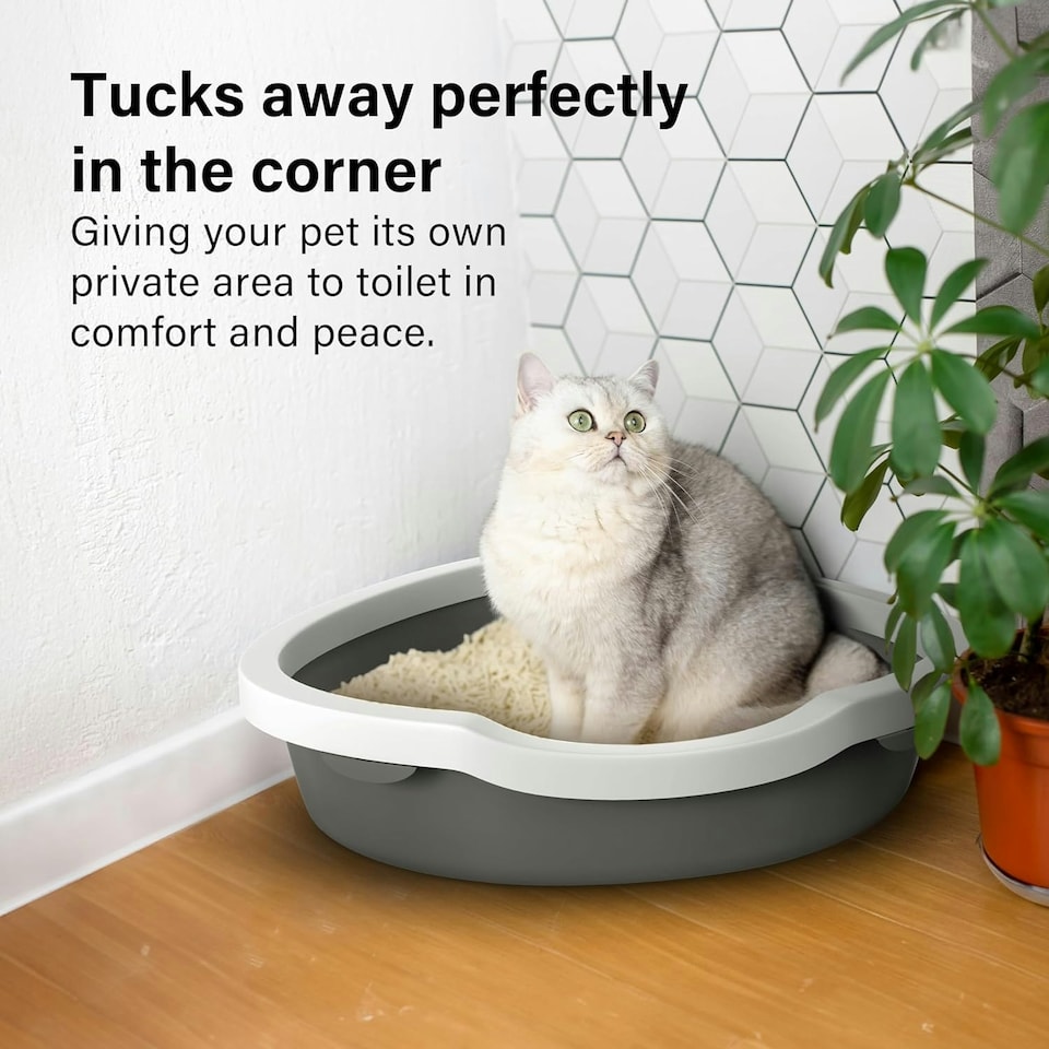 image 1 of Corner Cat Litter Tray with Cleaning Scoop High Sided Rounded Corners Anti-Spill Grey
