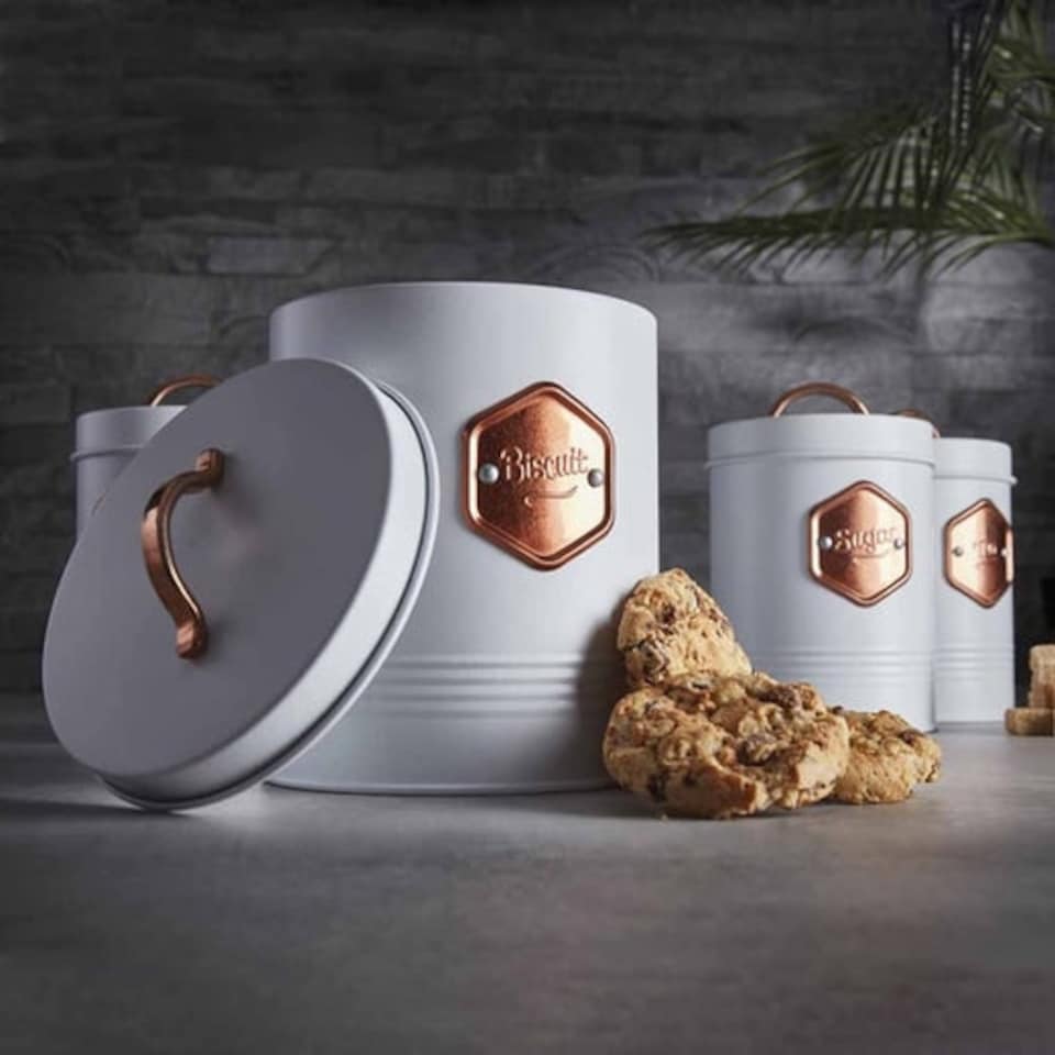 image 1 of Cooks Professional 5 Piece Kitchen Storage Set - Tea, Coffee, Sugar, Bread & Biscuit Tins | White | White & Copper