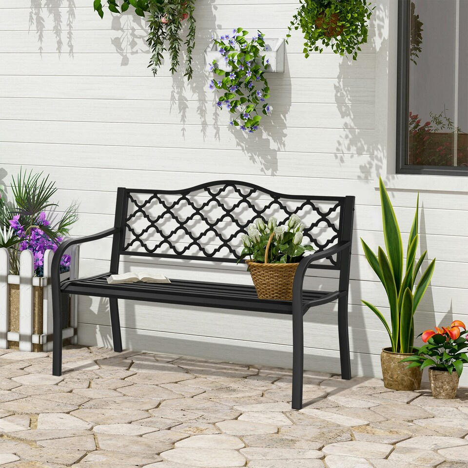 image 1 of Outsunny 2-Seater Garden Bench Cast Iron Patio Antique Loveseat w/ Armrest