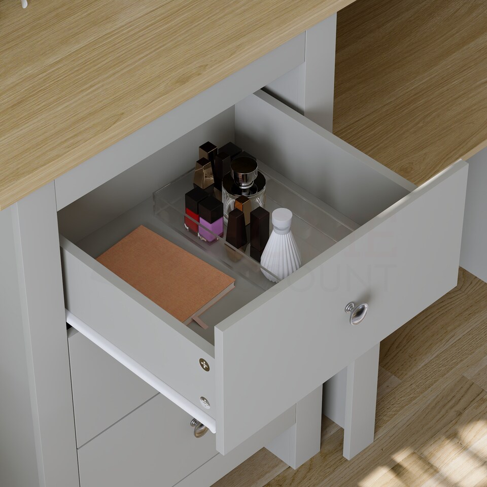 image 1 of Vida Designs Arlington 3 Drawer Dressing Table Mirror & Stool Set Vanity Makeup Desk, Grey & Oak