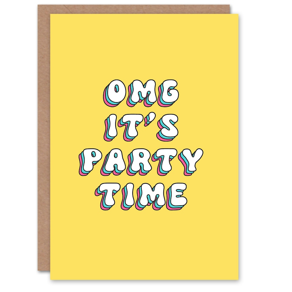 image 1 of Omg Party Time Fun Bright Retro Yellow Woman Her Birthday Card