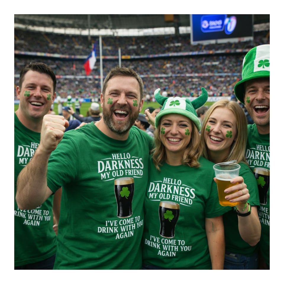 image 1 of St Patricks Green Tshirt with Hello Darkness in White & Irish Trilby | Green | XL