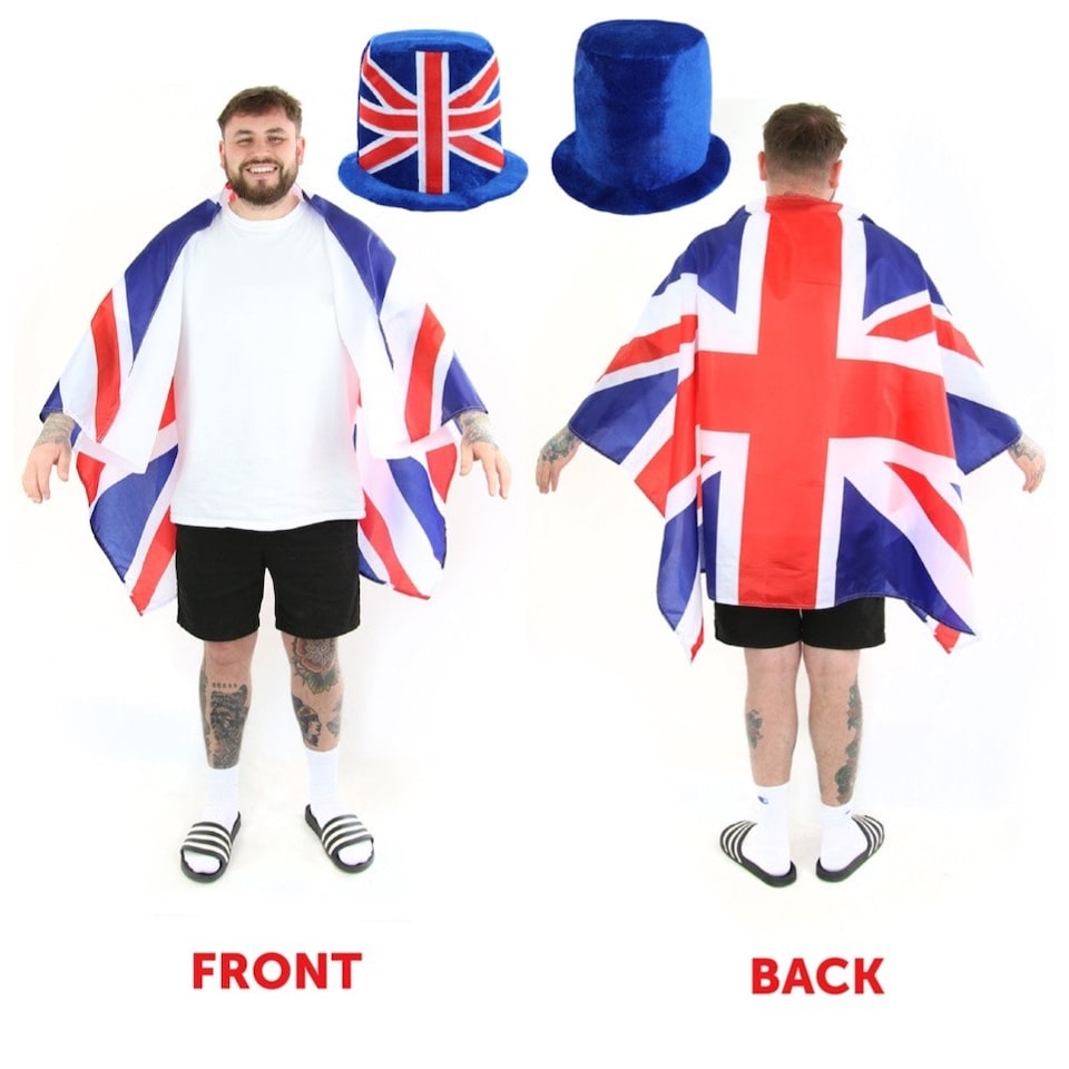 image 1 of Wearable Union Jack Cape, Soft Top Hat & Bow Tie Blue | One Size