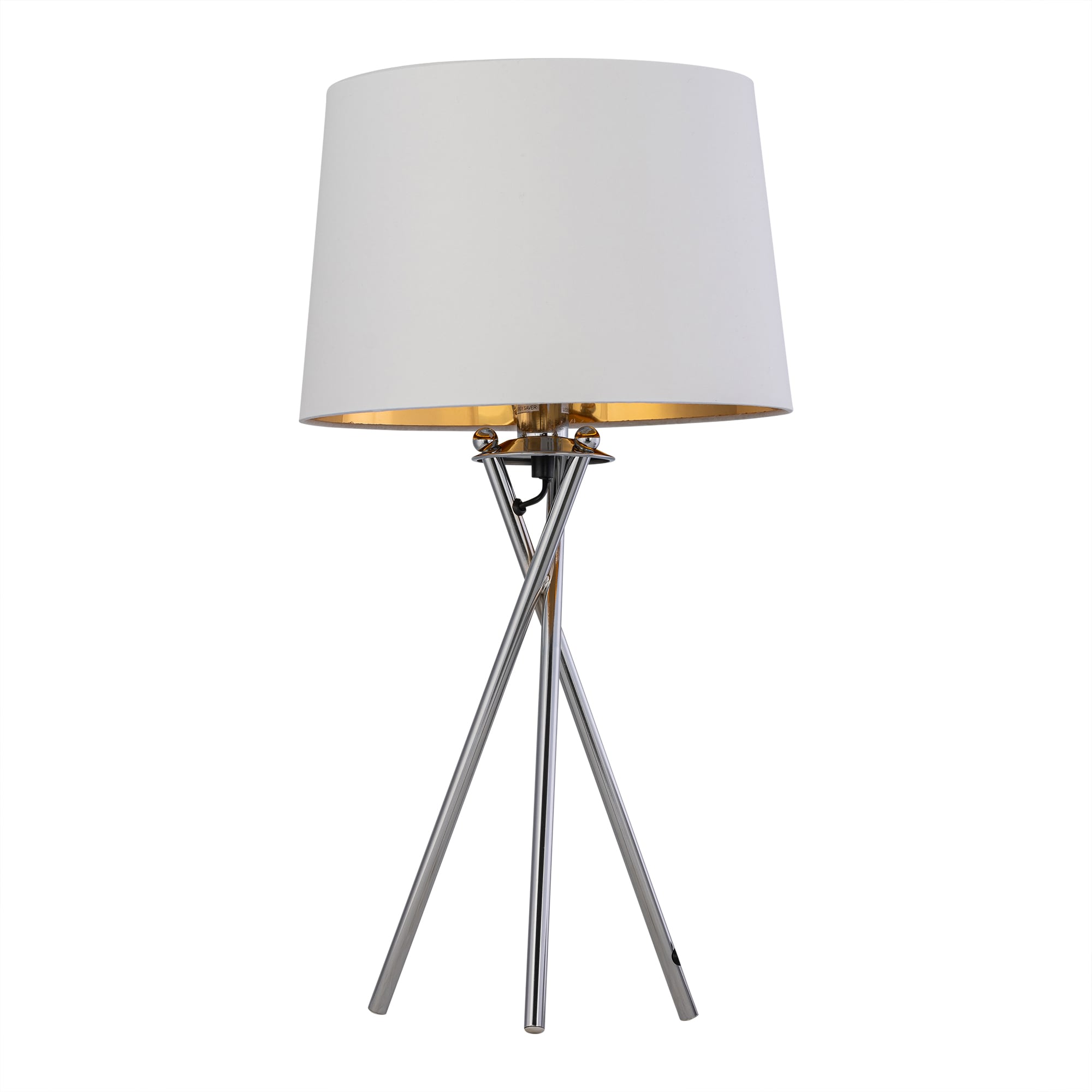 First Choice Lighting Tripod Chrome Lamp with White & Gold Fabric Shade in Silver