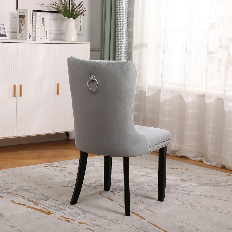image 1 of Grey Set of Six Studded Velvet Dining Chair with Ring Knocker Detail Grey | Dark Grey