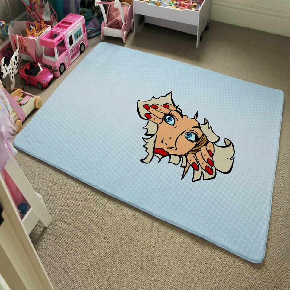 image 1 of woman looking through torn paper background. Comic cartoon pop art retro (Rug) Blue | M