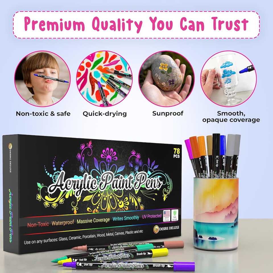 image 1 of Desire Deluxe Acrylic Paint Pens for Rock Painting, Stone, Ceramic, Glass, Wood, Canvas – Set of 78 Non Toxic Water Based Markers - Great Artists Painting Supplies