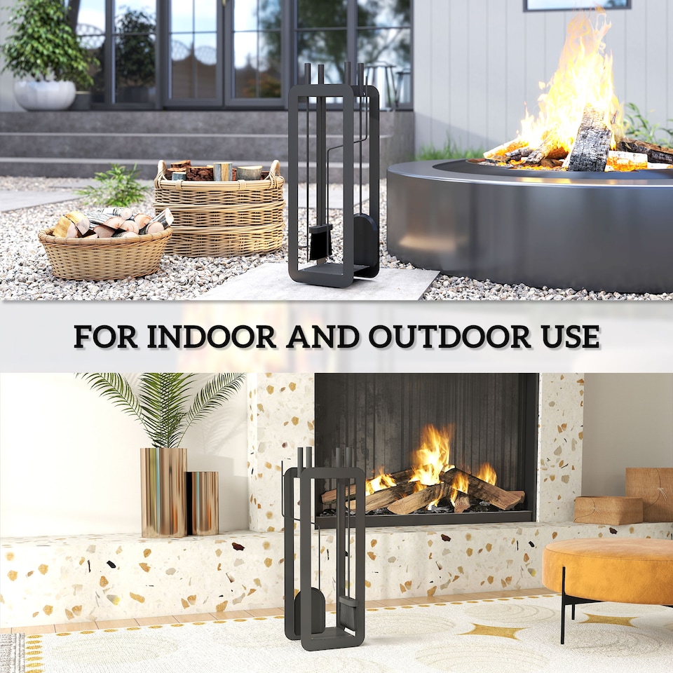 image 1 of Outsunny 5 Pieces Fireplace Companion Set, Metal Fireplace Accessories Fireside Companion Set with Brush, Shovel, Poker, A Pair of Tongs, Stand, Black
