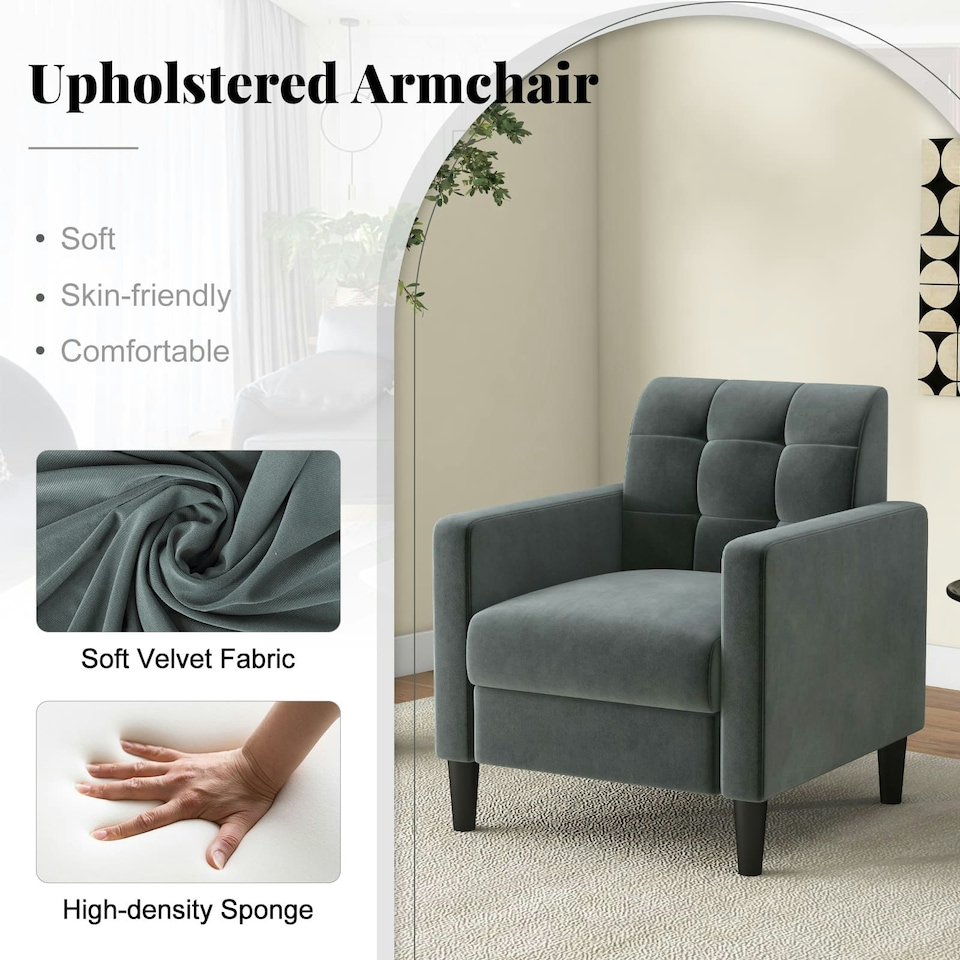 image 1 of COSTWAY Modern Velvet Accent Sofa Chair Upholstered Armchair | Grey | Chair