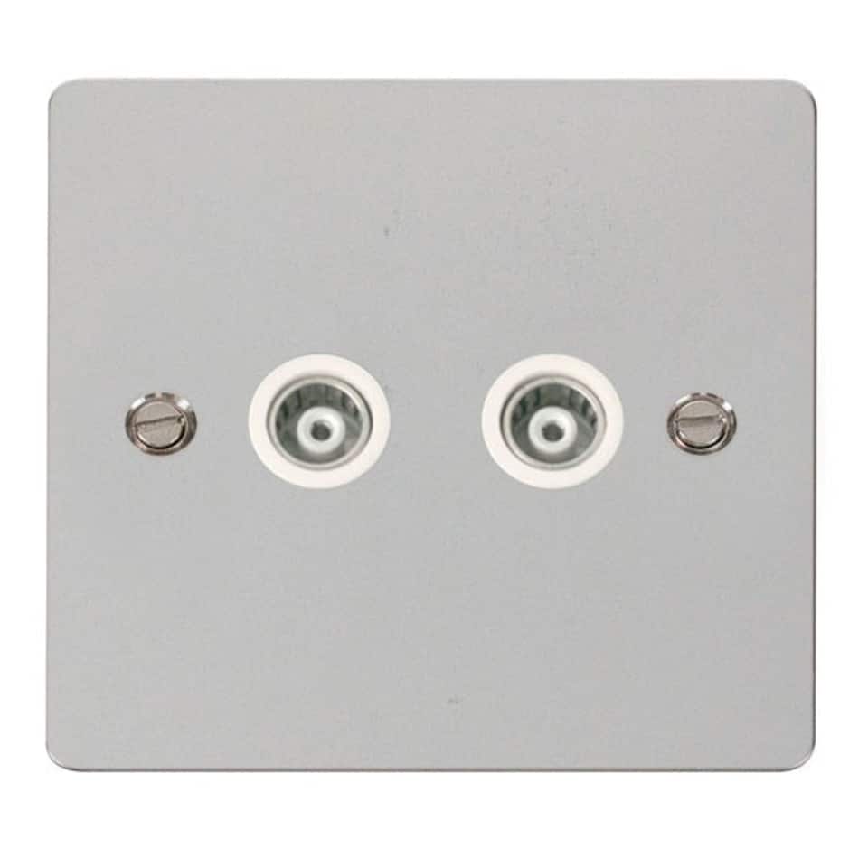 SE HOME Flat Plate Polished Chrome Twin Isolated Coaxial Socket - White Trim - SE Home White | Polished Chrome