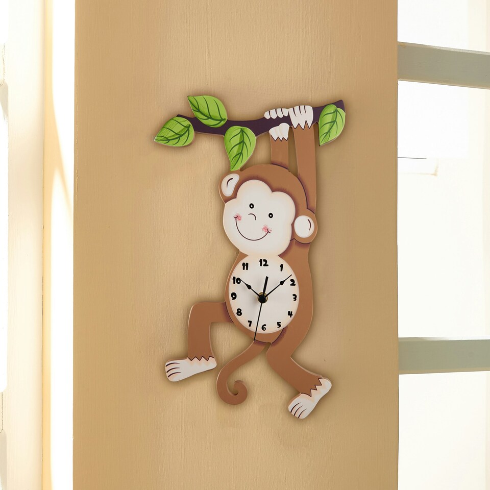 image 1 of Teamson Kids Sunny Safari Monkey Wall Clock for Children's Room, Brown/Green