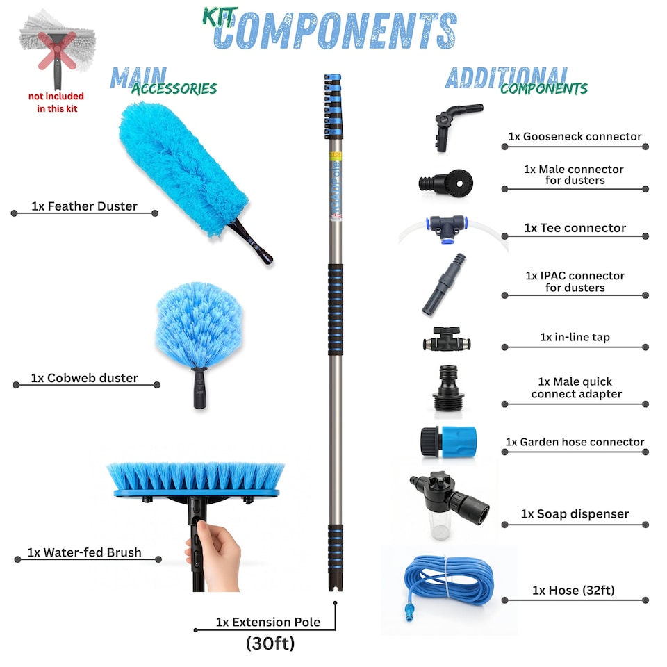 image 1 of IGADPole 9m (30ft) Water-Fed Pole Cleaning Kit – Includes Water-fed Brush, Cobweb & Microfibre Duster, Soap Dispenser & Hose Tap