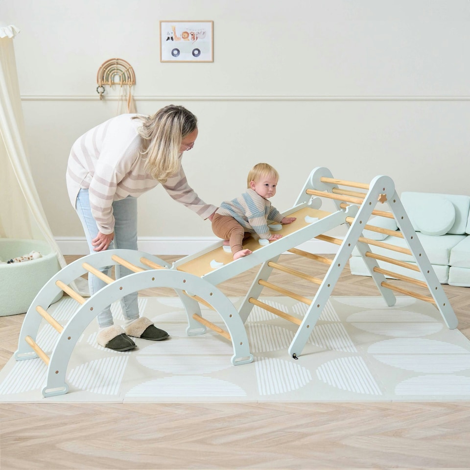 image 1 of Tutti Bambini Scala Montessori 3 in 1 Pikler Climbing Frame with Climbing Wall - Sea Mist