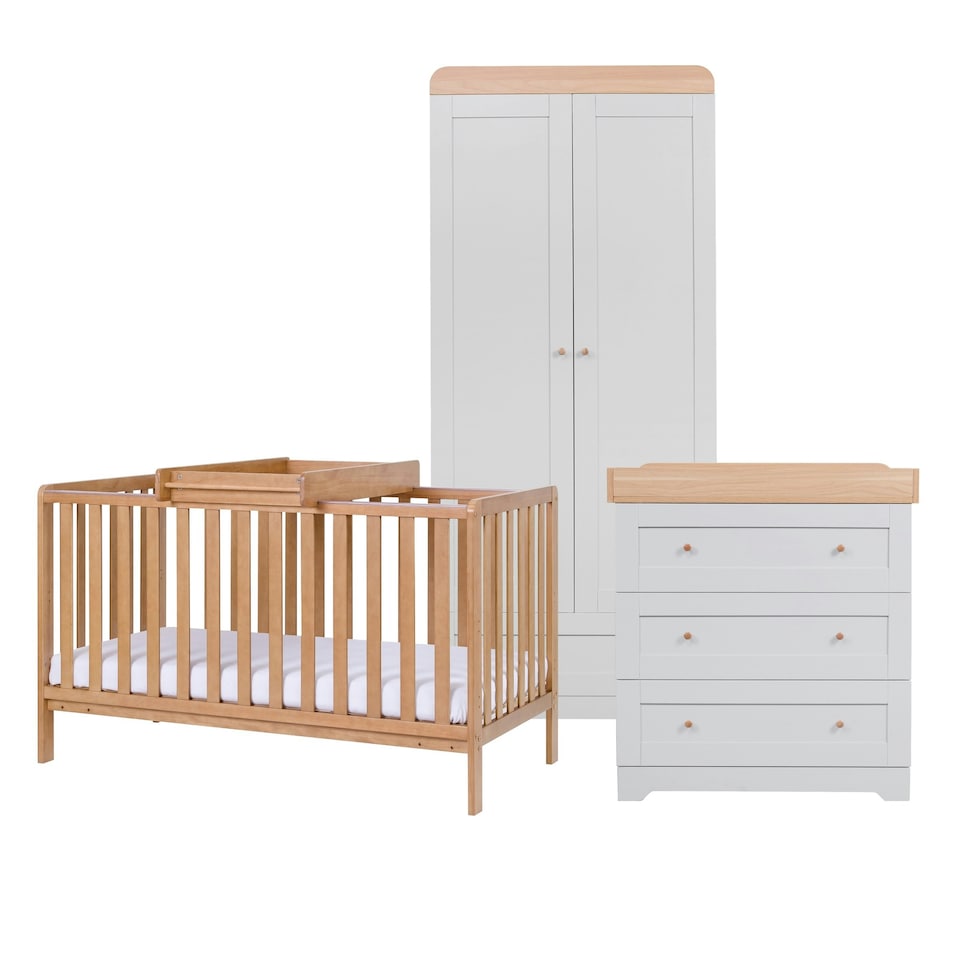 image 1 of Tutti Bambini Oak Malmo Cot Bed with Rio Furniture 3piece Set Dove Grey/Oak