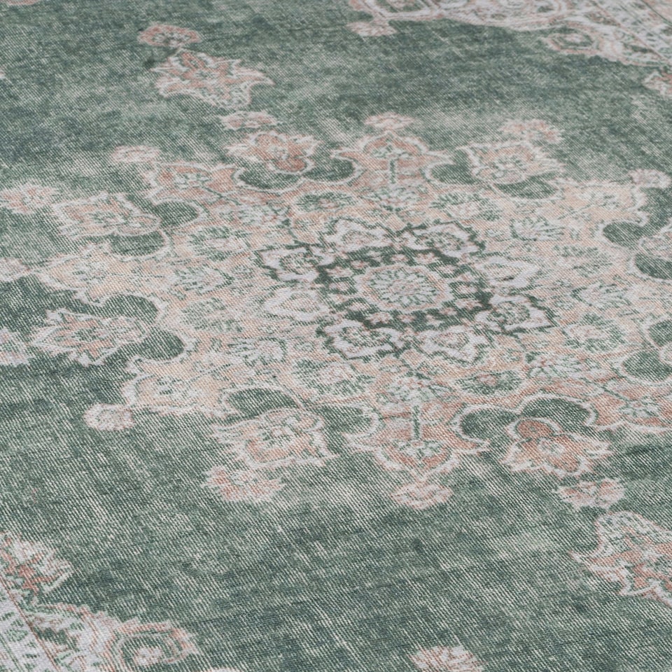 image 1 of KUKOON Green Vintage Medallion Non Slip Washable Low Pile Runner Rug 80cm x 300cm