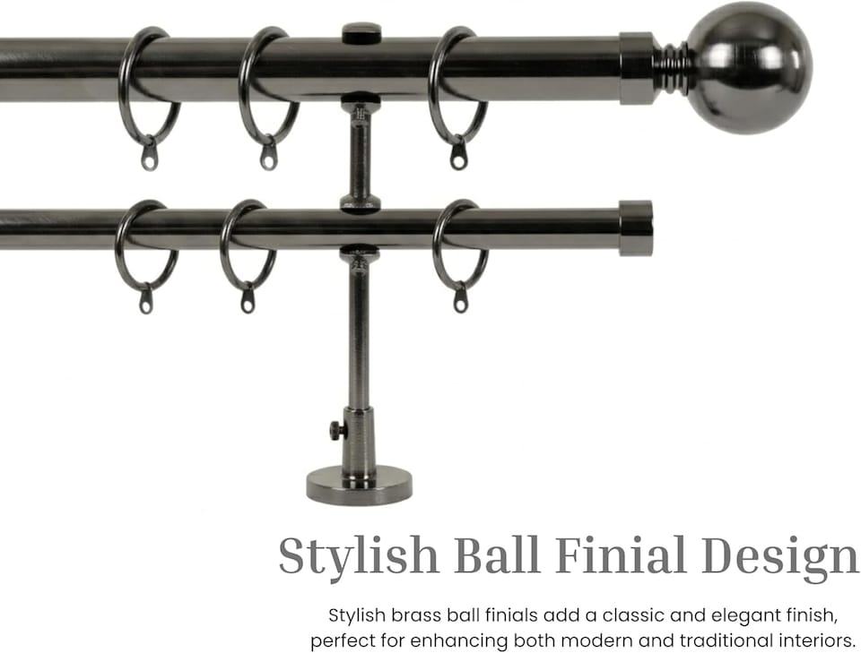 image 1 of Lister Cartwright Double Curtain Extendable Pole Set with Black Nickle Ball Finials- 19mm & 28mm Metal Poles(70- 120 cm)