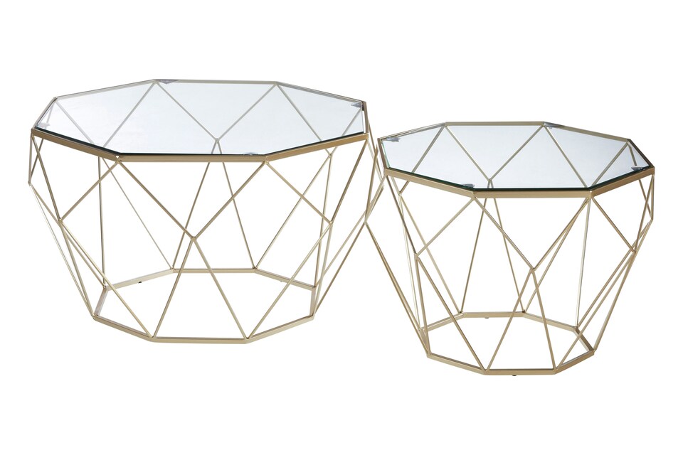 image 1 of Orsina Geometric Set Of 2 Clear Glass Tables, Iron Frame Side Table By Couch, Champagne Finish Lounge Table