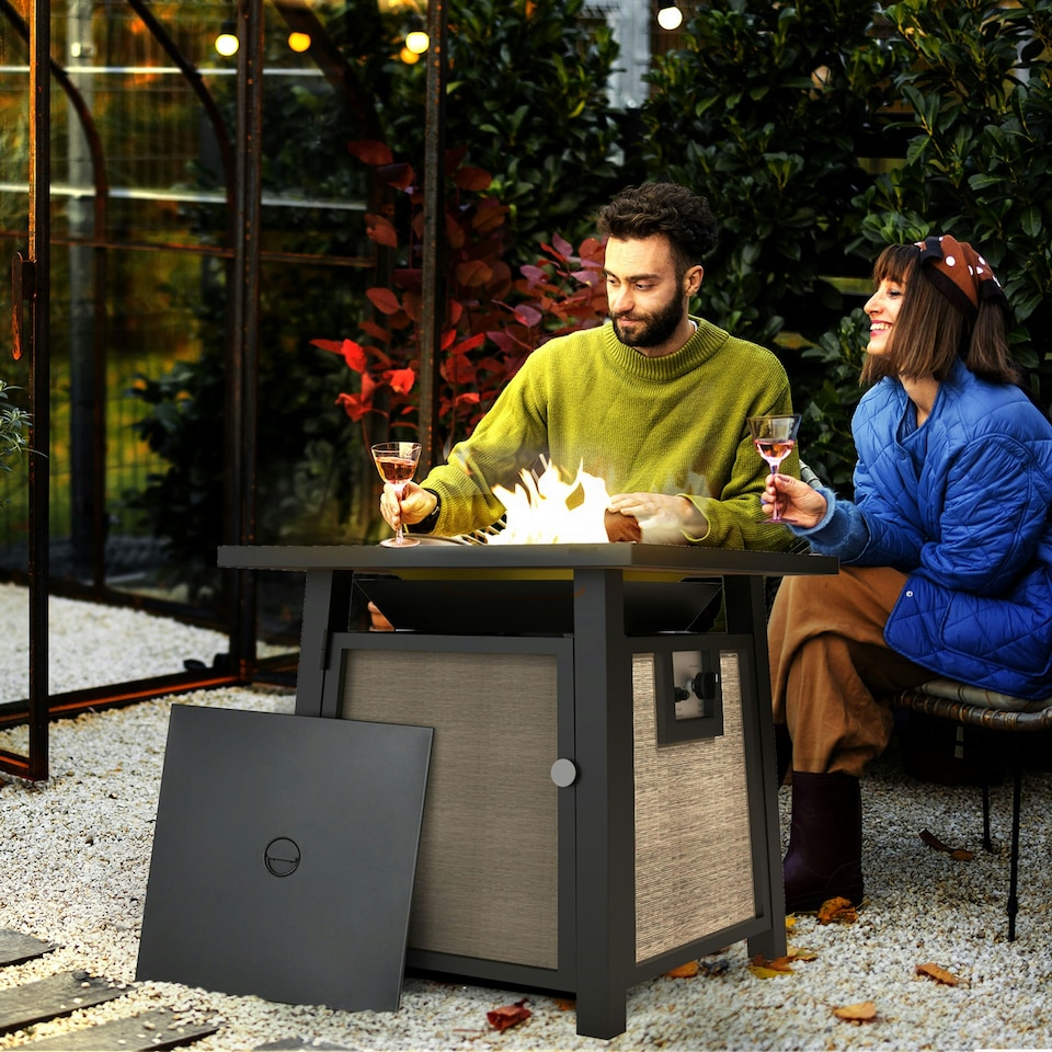 image 1 of Outsunny Gas Fire Pit Table with 50,000 BTU Burner, Cover, Glass Beads, Brown