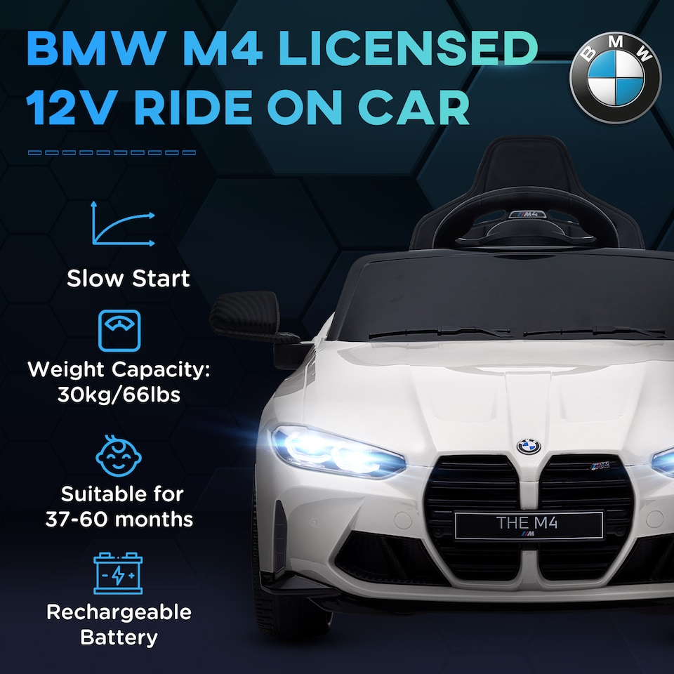 image 1 of AIYAPLAY BMW M4 Licensed Electric Car for Kids, 12V Kids Electric Ride on with Remote Control, Suspension, Music, Horn, LED Lights, for Ages 3-5 Years, White
