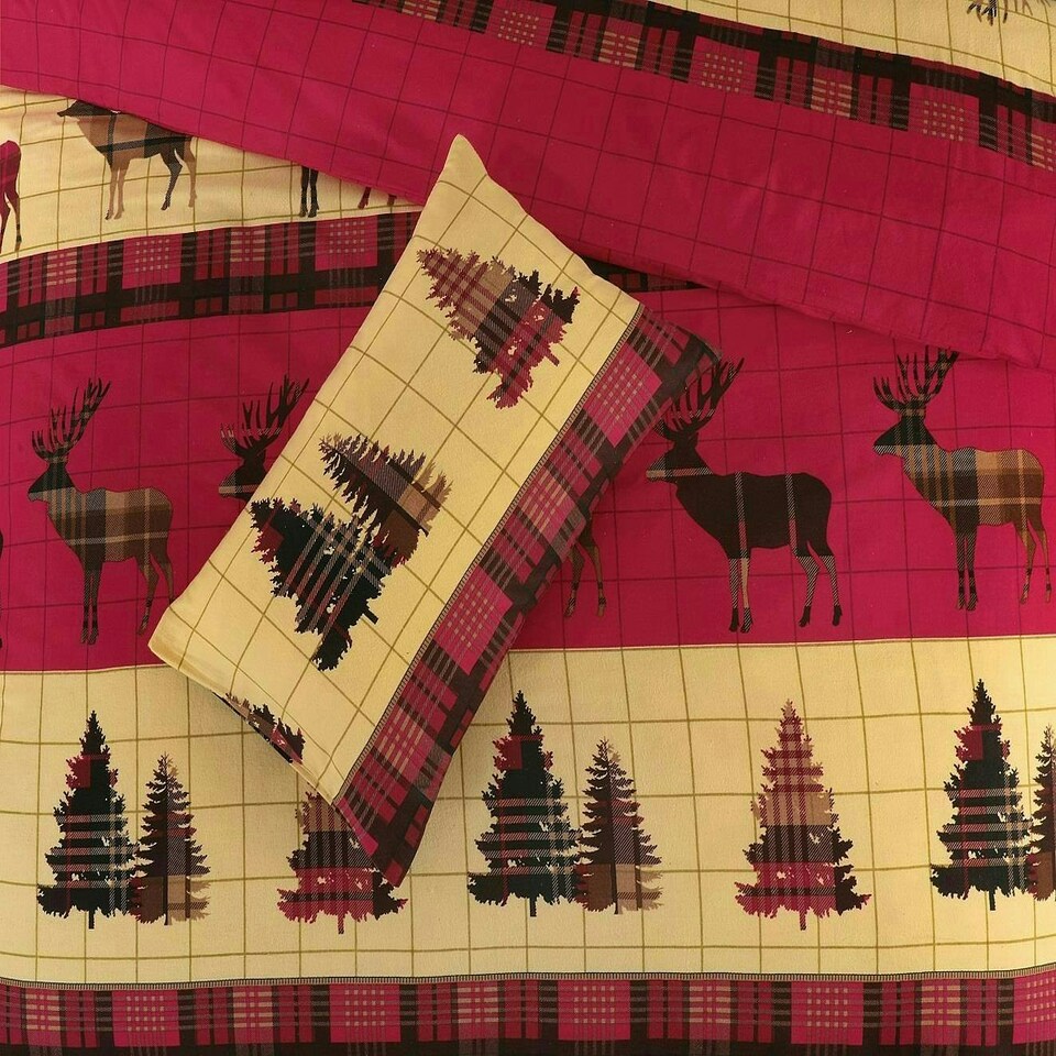 image 1 of Brushed Cotton Tartan Stag Duvet Cover Set - Super King - Red | Red | Super King