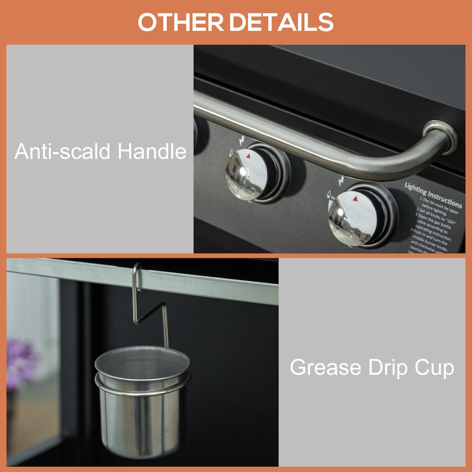 image 1 of Outsunny 3 Burner Gas Grill Portable Barbecue Trolley with Side Shelves