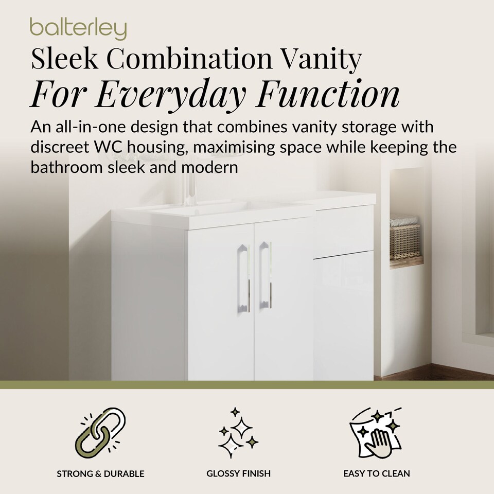 image 1 of Balterley Left-Hand Bathroom Vanity and WC Unit Combination with Basin, with Handles | White | Gloss White