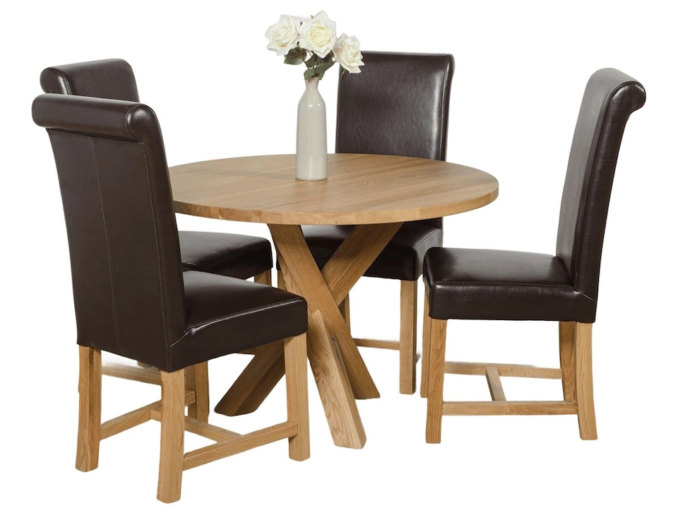 image 1 of Oregon Round Oak Dining Table and 4 Washington Leather Chairs | Brown | Brown | 1