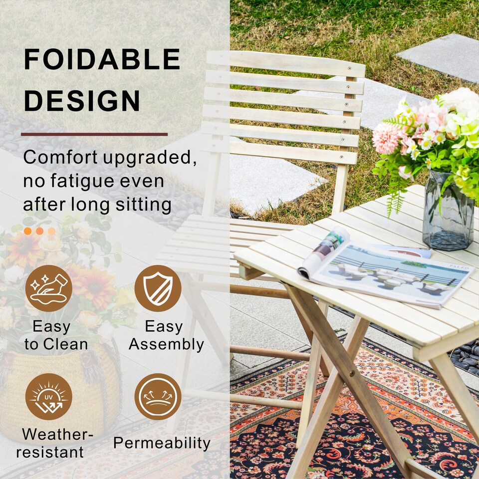 image 1 of Direct Wicker Foldable Acacia Wood Bistro Set, Sanded Natural Finish, Compact Folding Square Table Chairs Set