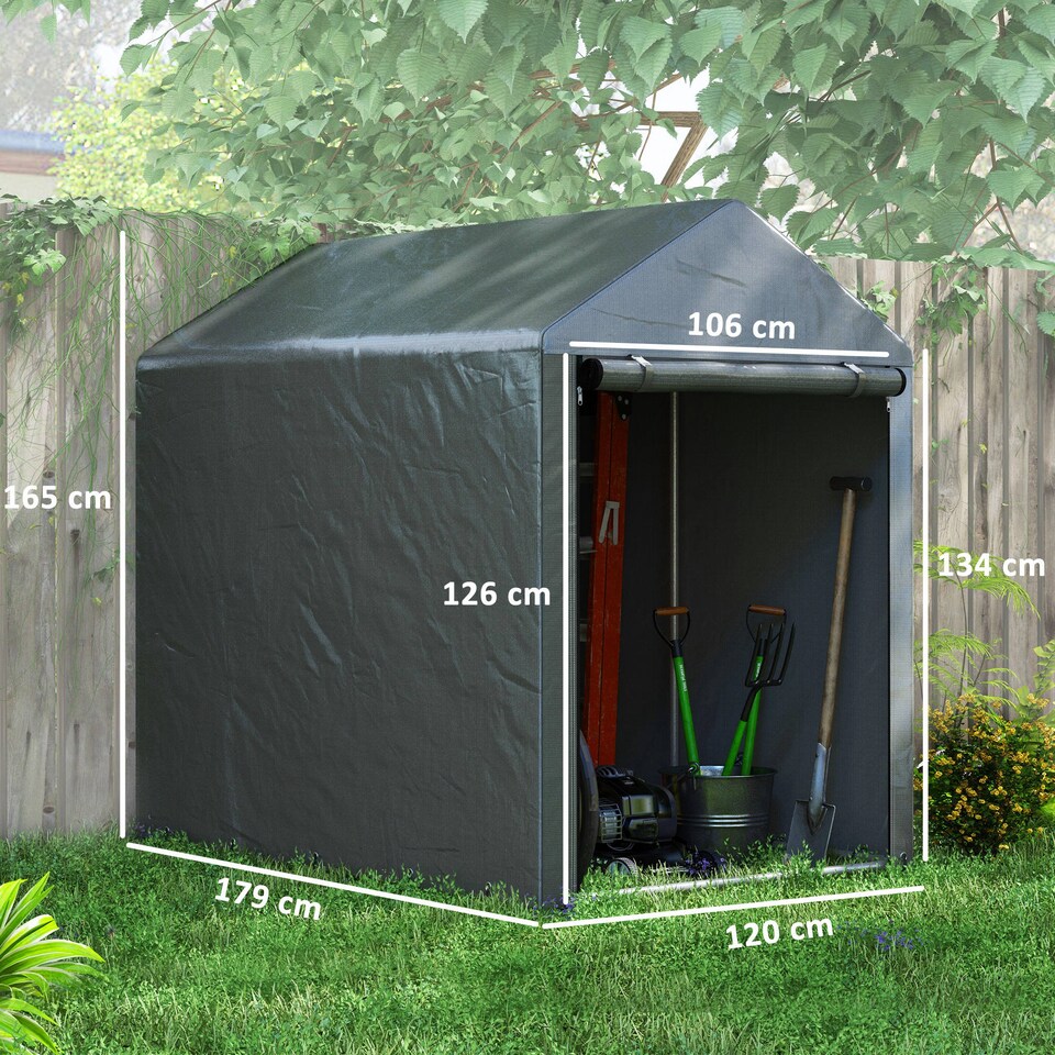 image 1 of Outsunny 1.2 x 1.8m Garden Storage Shed Tent, Portable Shed Shelter with Galvanised Steel Frame and Large Door, for Motorbike, Garden Tools, Bike Storage | Grey | 1