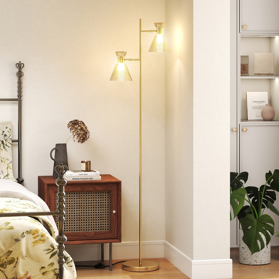 image 1 of HOMCOM Floor Lamp with Adjustable Dual Head, Modern Standing Lamp with Floral Glass Shades and Foot Switch for Living Room Bedroom, E27 Socket, Bulb Not Included, Gold Tone