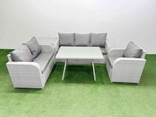 Fimous Rattan High Back Lounge Sofa Set Patio Dining Table & Chairs Set with 3 Seater Sofa Reclining Chair Side Table Light Grey