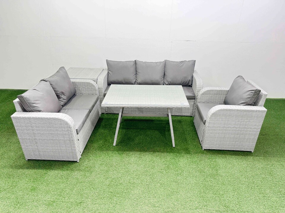 image 1 of Fimous Rattan High Back Lounge Sofa Set Patio Dining Table & Chairs Set with 3 Seater Sofa Reclining Chair Side Table Light Grey