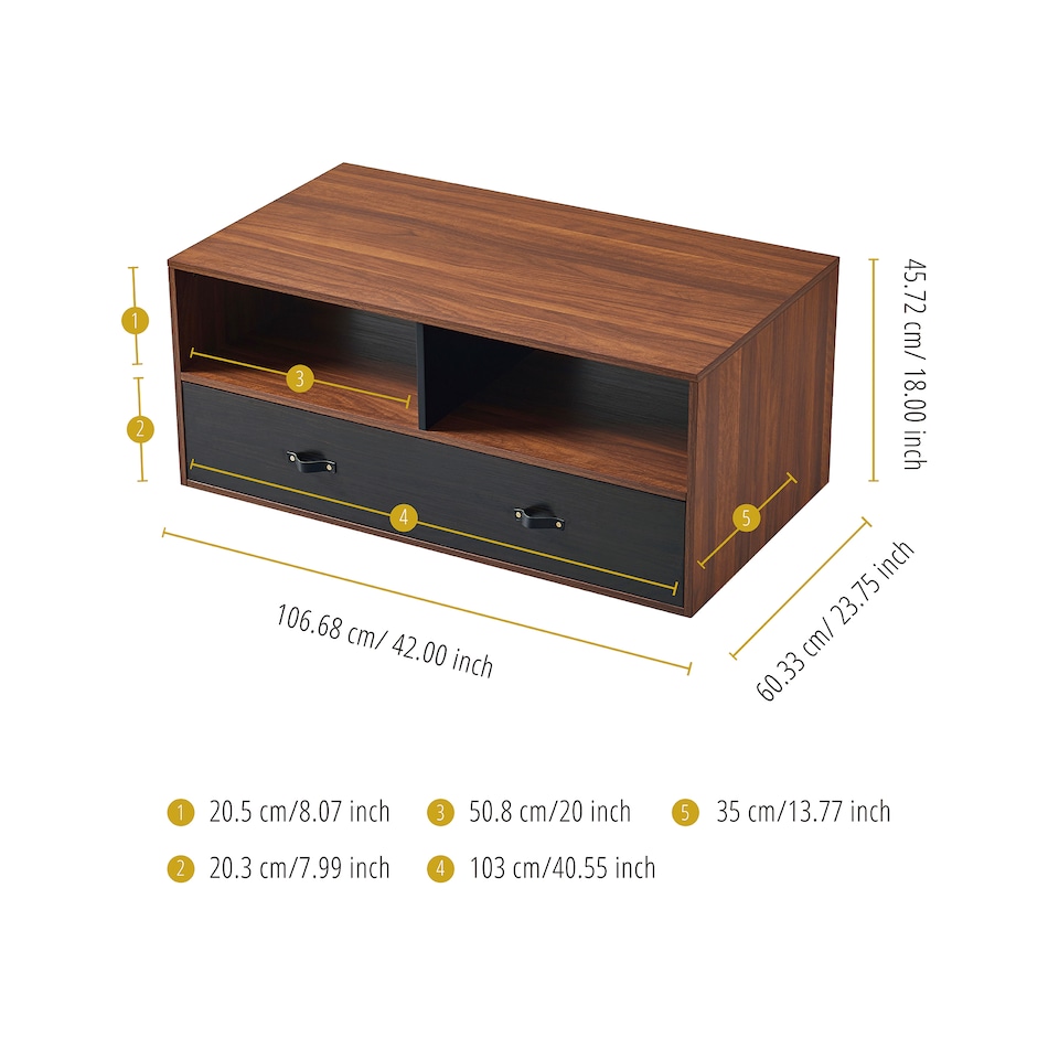 image 1 of Teamson Mid Century Coffee Table with Drawers & Open Storage Shelves