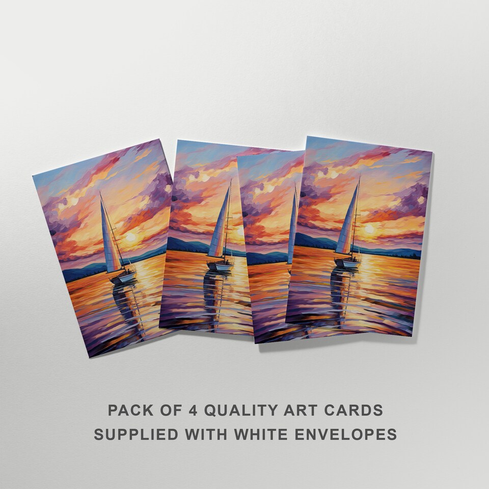 image 1 of Sunset Sailing Boat Seascape Art Cards Pack of 4 Coastal Landscape Greeting Cards