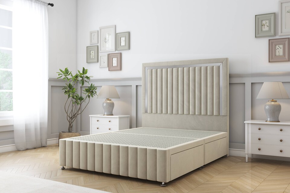 image 1 of Sloomy Boston Chrome Cream Plush Divan Bed Base 2 Drawers Right Side With 26 Inch Strutted Headboard & 12 Inch Matching Footboard | Cream | Cream | Single | 1